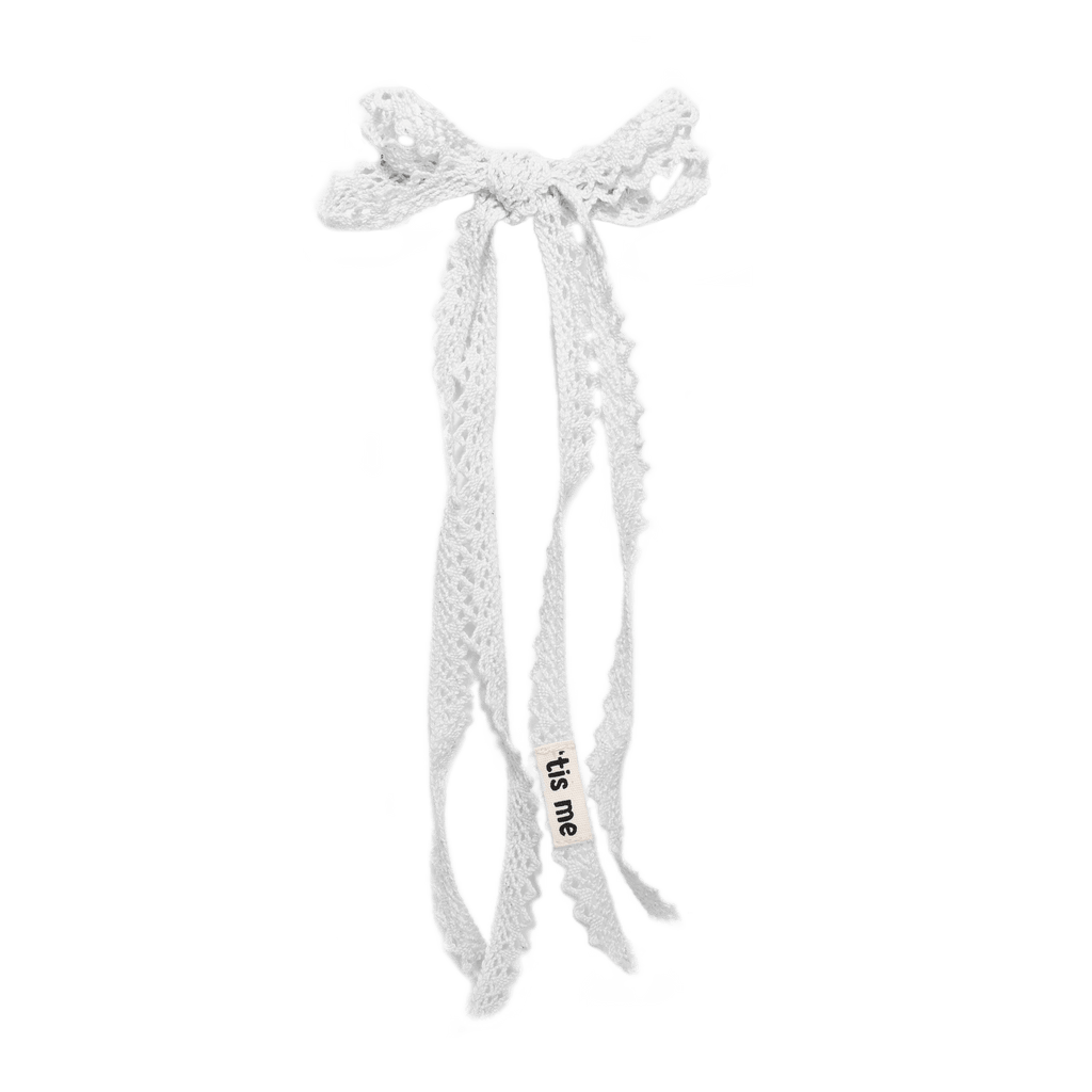 Tis Me Accessories Jellybeanzkids Tis Me Long Tail Double Bow Clip Linen And lace Collection- White One Size