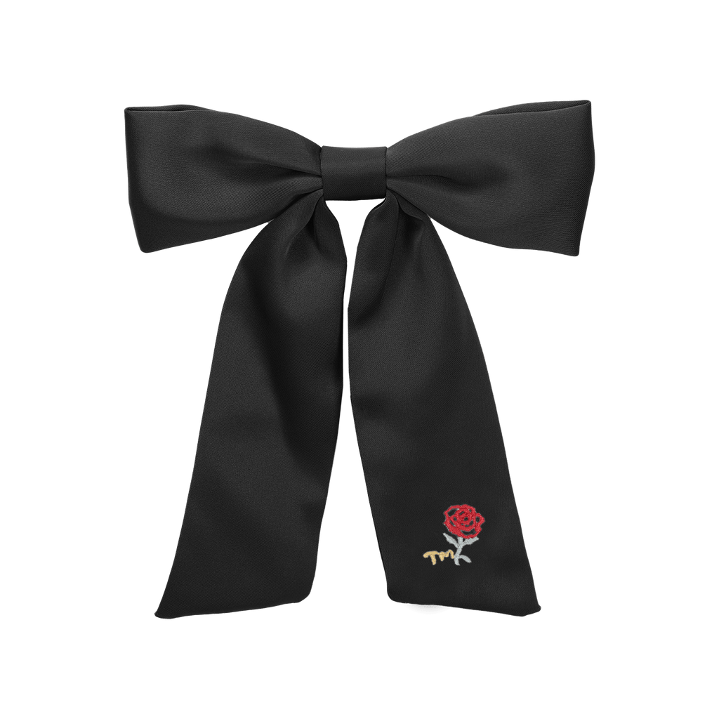 Tis Me Accessories Jellybeanzkids Tis Me Satin with Rose Embroidery Large Bow Clip- Black OS
