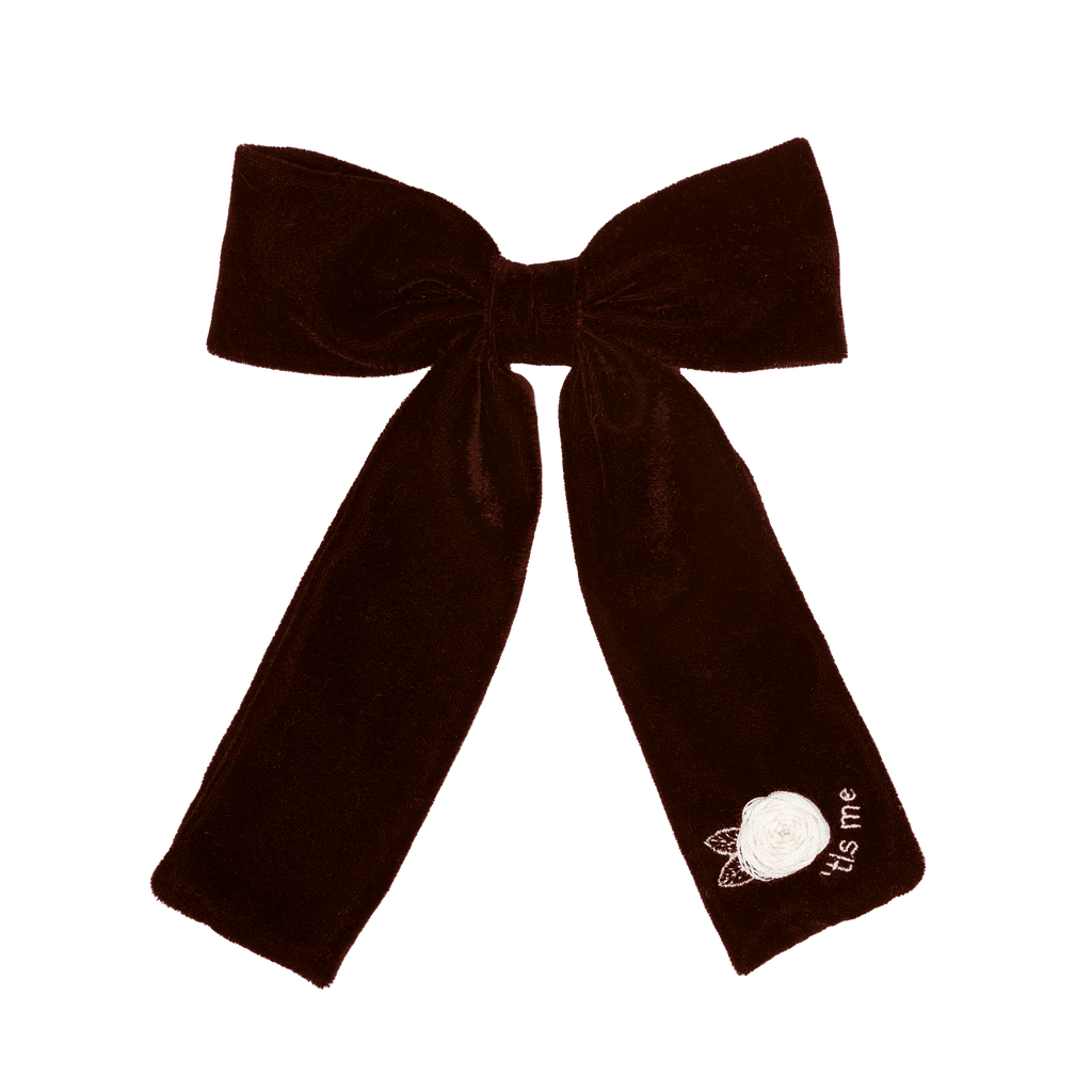 Tis Me Accessories Jellybeanzkids Tis Me Velvet Embroidery Big Bow Clip- Brown OS