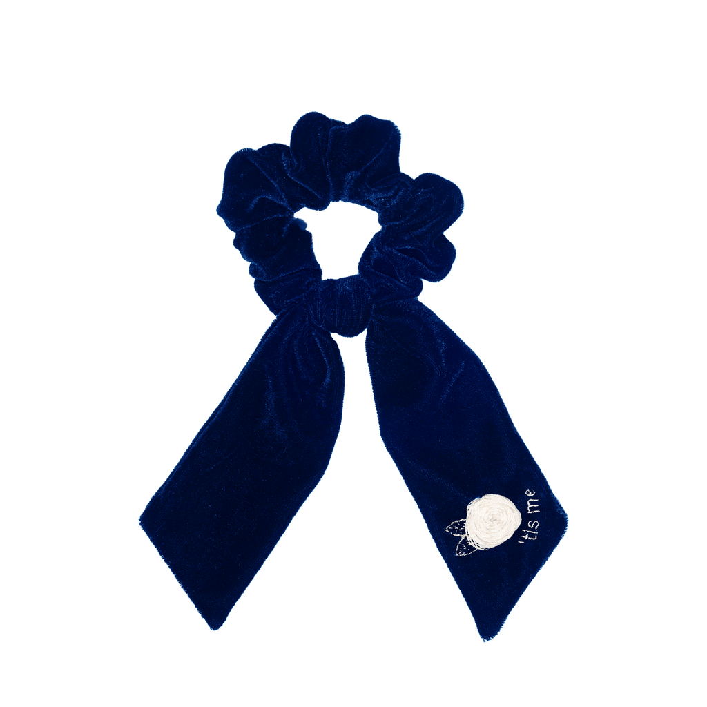 Tis Me Accessories Jellybeanzkids Tis Me Velvet Embroidery Ribbon Tie on Scrunchie- Blue OS