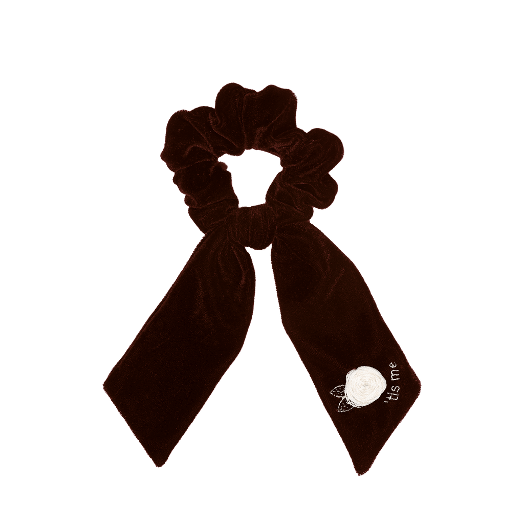 Tis Me Accessories Jellybeanzkids Tis Me Velvet Embroidery Ribbon Tie on Scrunchie- Brown OS