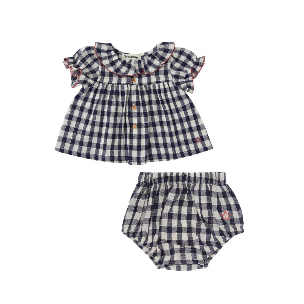 Tocoto Vintage Blouse Jellybeanzkids Tocoto Vichy Check Baby Set- Navy