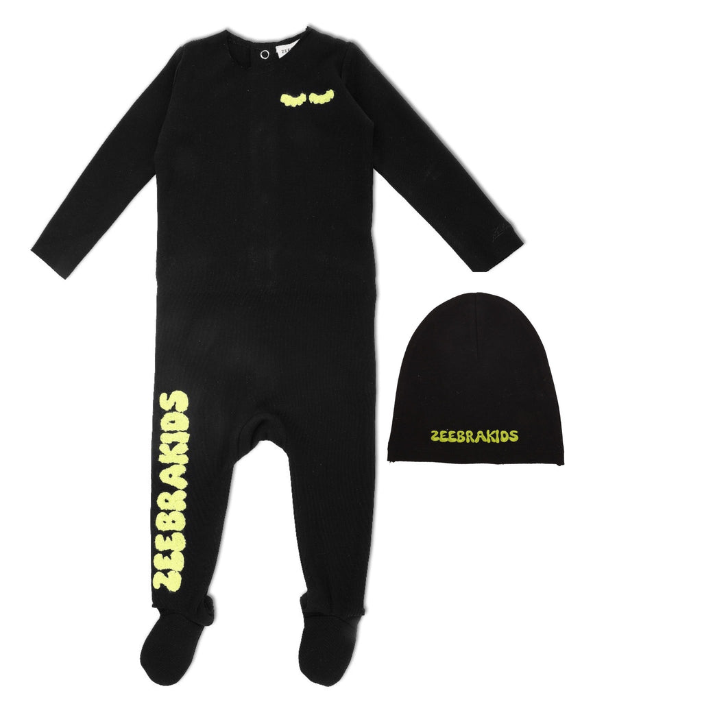 Zeebra Kids footie Jellybeanzkids Zeebra Text Footie w Beanie- Lime