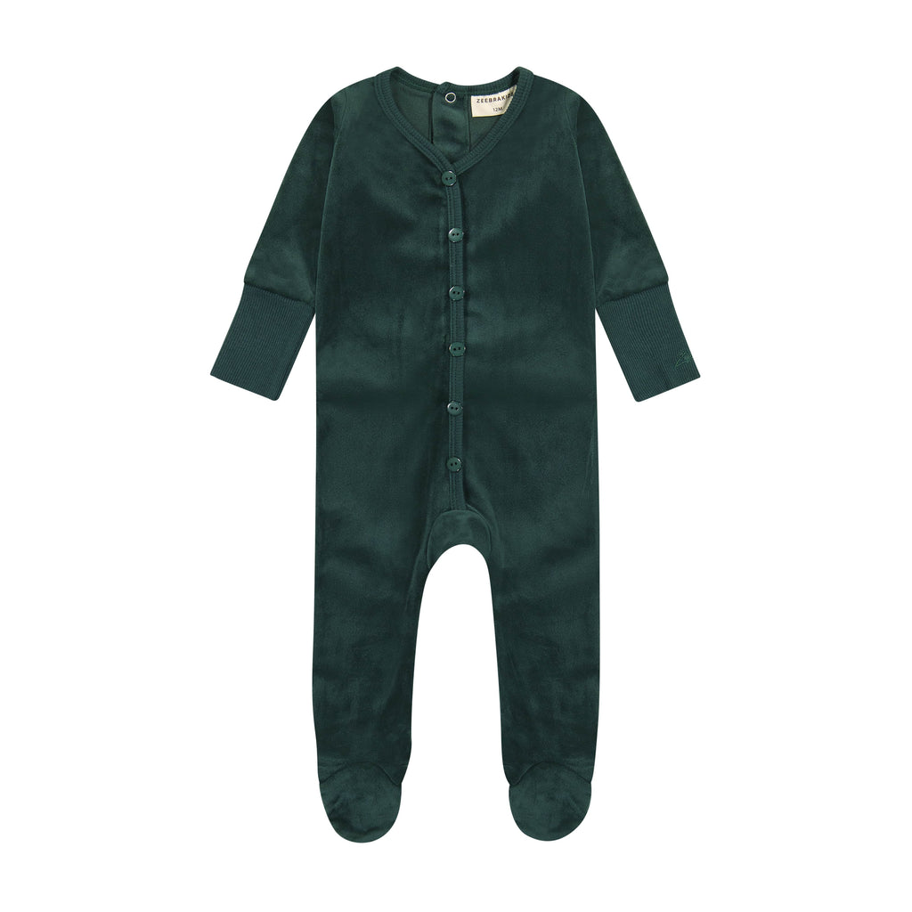 Zeebra Kids Pajamas Jellybeanzkids Zeebra Velour Button Down Footie PJs- Hunter Green