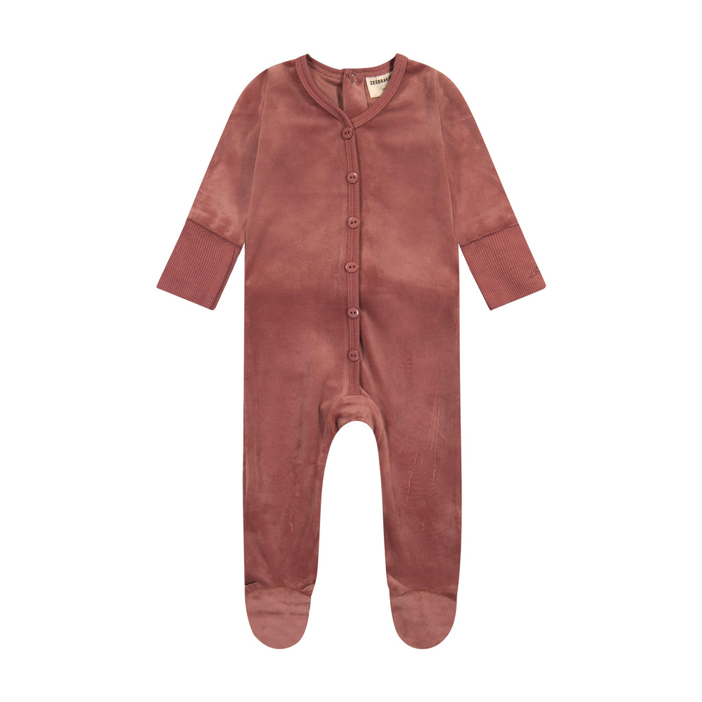 Zeebra Kids Pajamas Jellybeanzkids Zeebra Velour Button Down Footie PJs With Bonnet- Dusty Rose