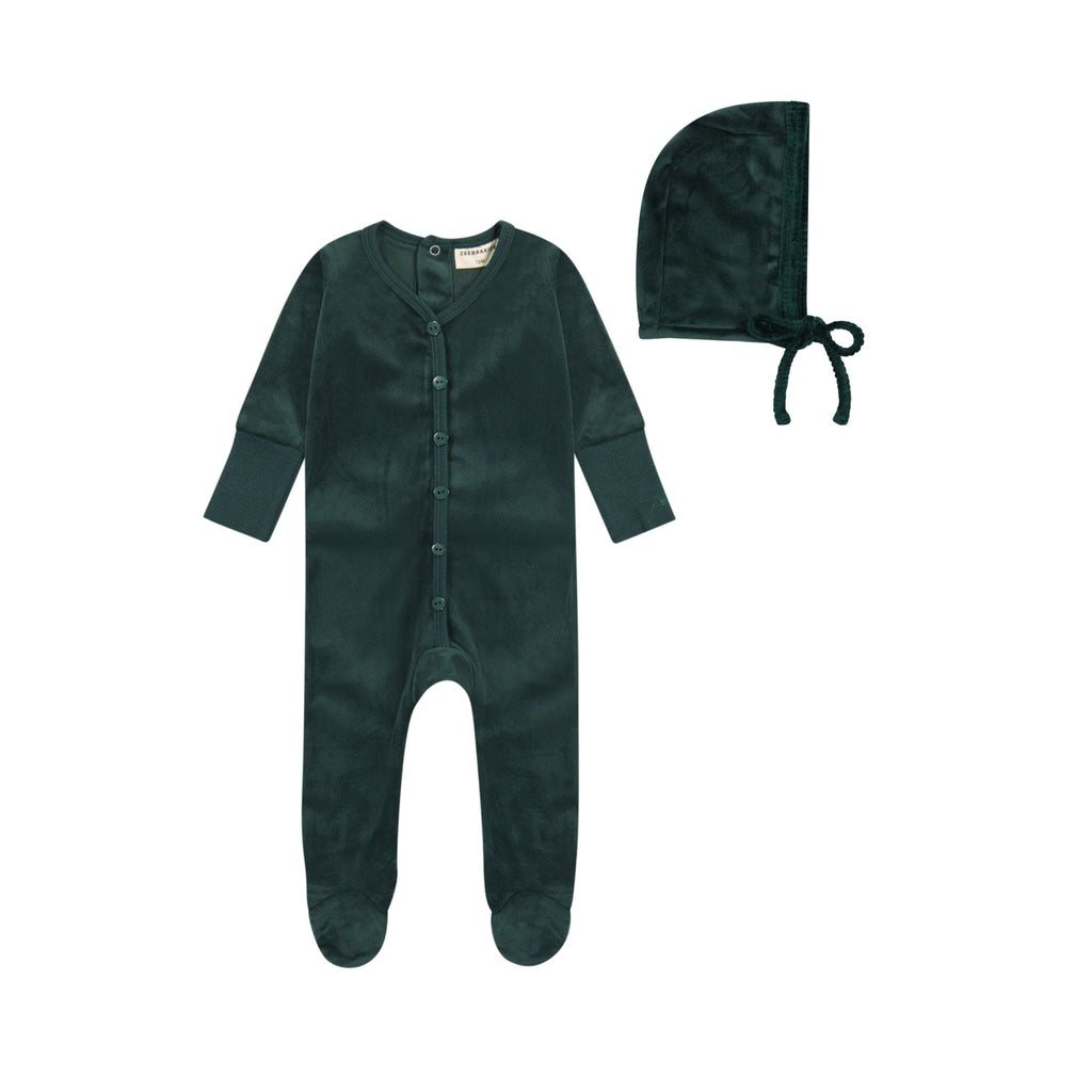 Zeebra Kids Pajamas Jellybeanzkids Zeebra Velour Button Down Footie PJs With Bonnet- Hunter Green