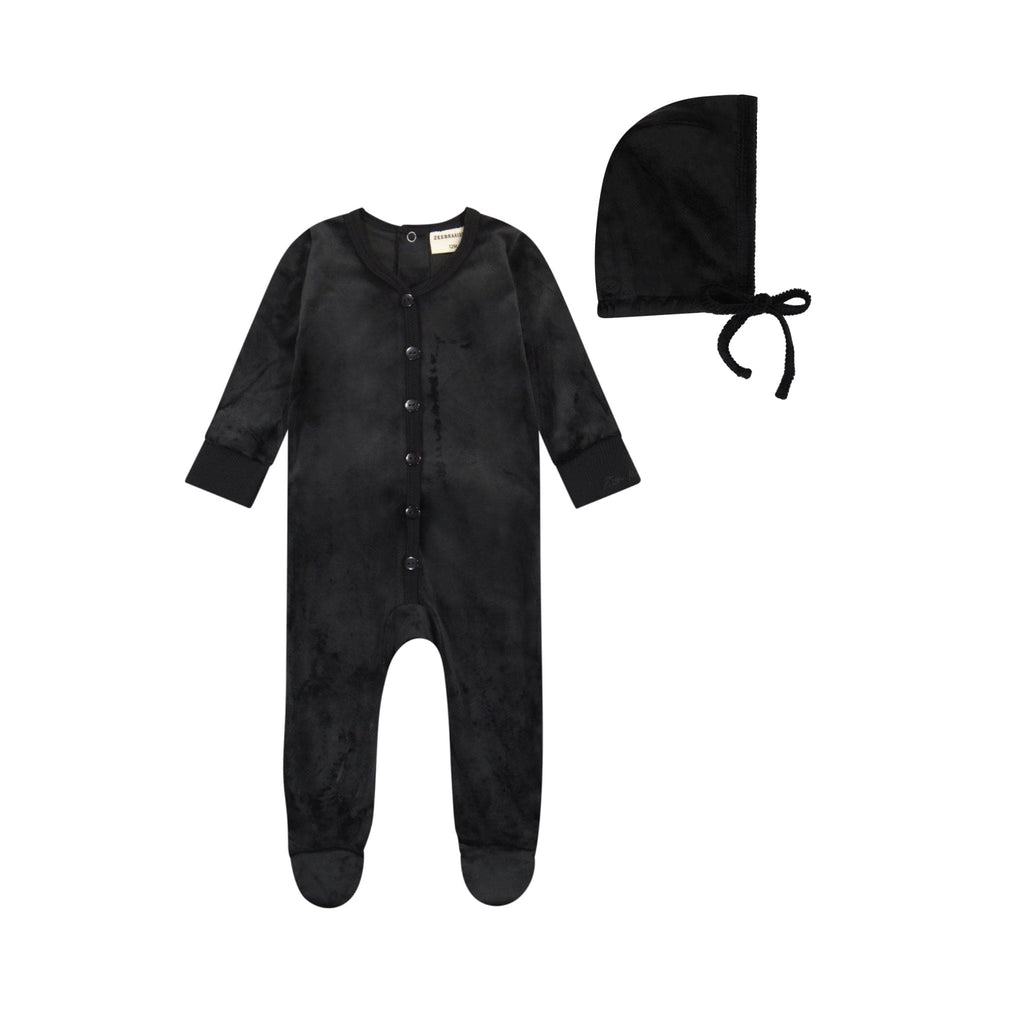 Zeebra Kids Pajamas Jellybeanzkids Zeebra Velour Button Down Footie PJs With Bonnet- Ink