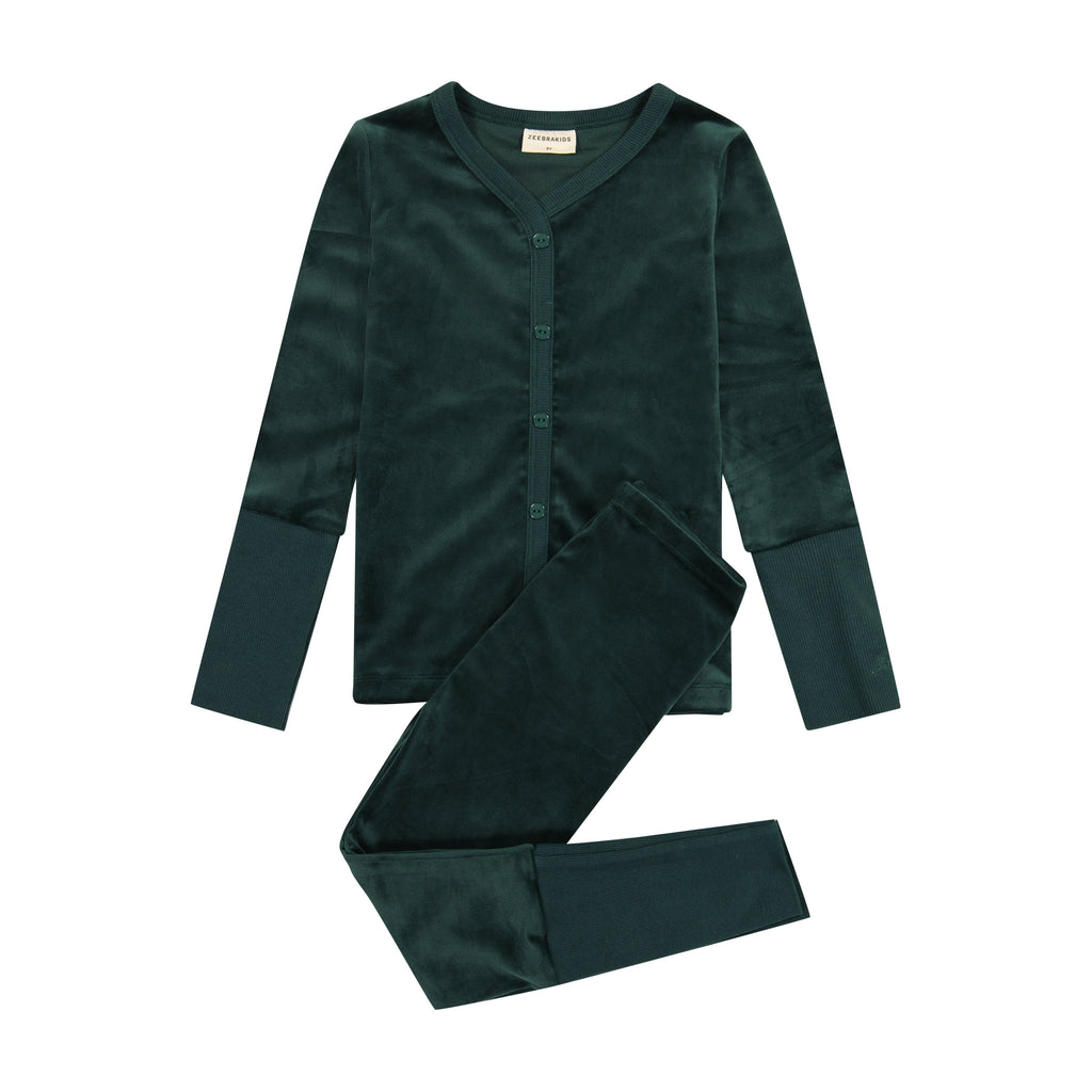 Zeebra Kids Pajamas Jellybeanzkids Zeebra Velour Button Down PJs- Hunter Green