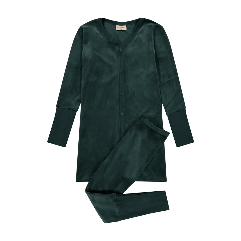 Zeebra Kids Pajamas Jellybeanzkids Zeebra Velour Button Down Tunic PJs- Hunter Green