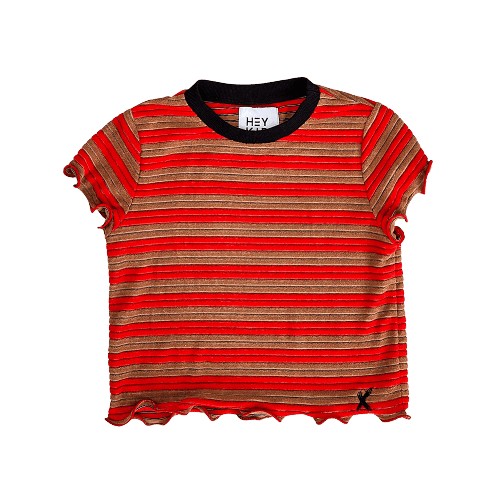 Hey Kid T-shirt Jellybeanzkids Hey Kid Red & Brown Striped Terry Top with Ruffled Edges