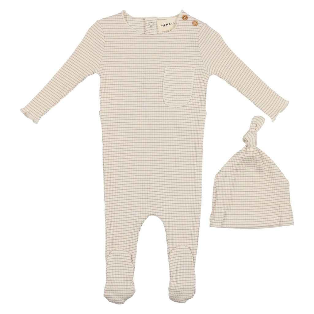 Mema Knits Footie Jellybeanzkids Mema Knits Striped Footie with Beanie- Oatmeal